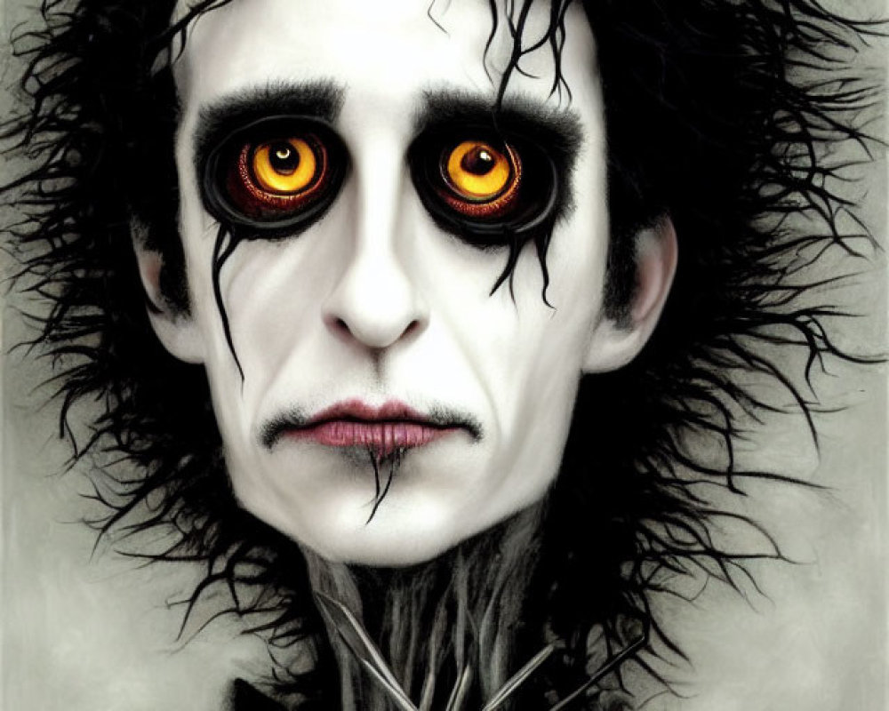 Stylized portrait of male figure with pale skin, dark eye makeup, wild black hair, striking