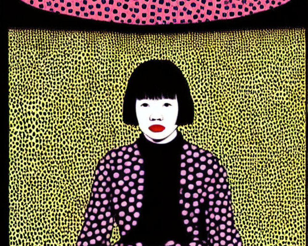 Pop art style image: Person with black hair, polka-dotted dress, vibrant pink and yellow