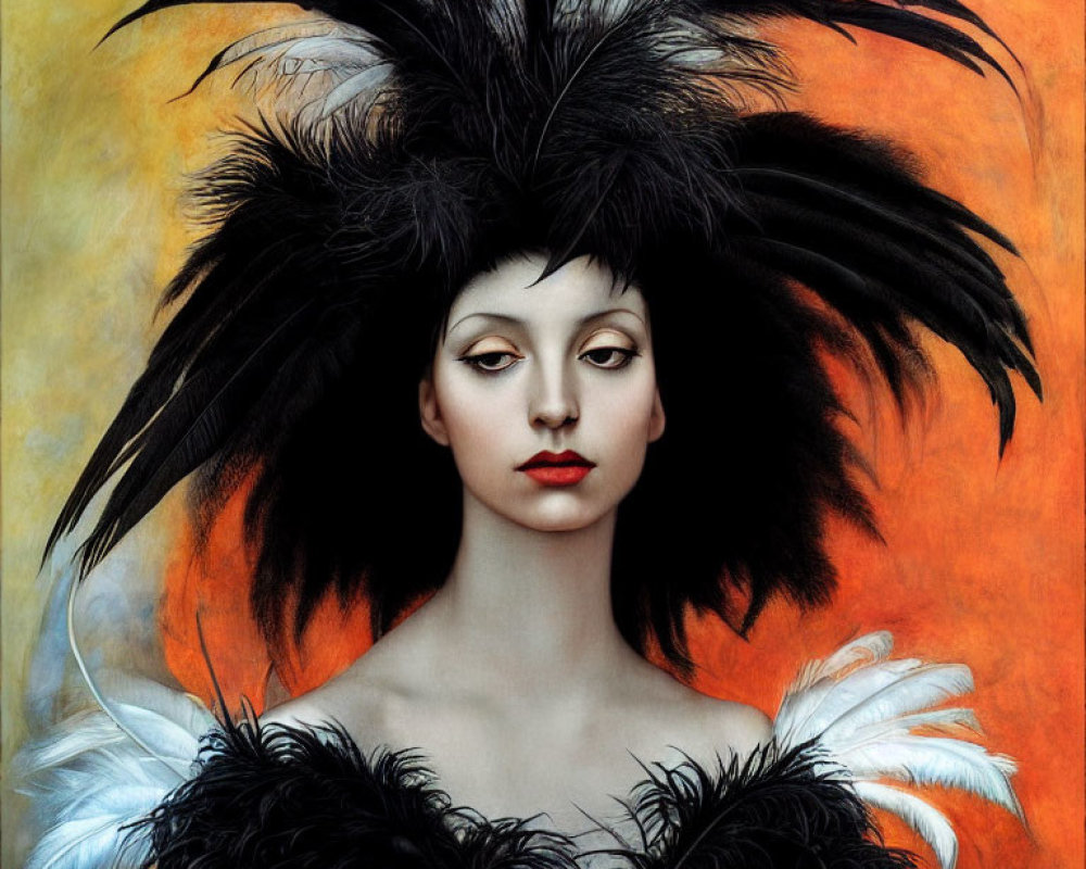 Portrait of Woman with Porcelain Skin and Dark Feathered Headpiece on Warm Orange Background