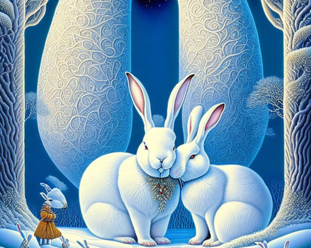 White rabbits in heart shape surrounded by blue forest and night sky