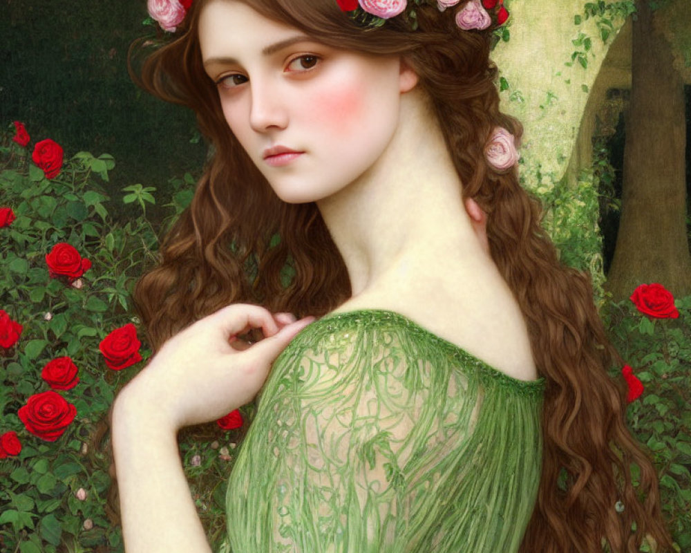 Woman with Rose Wreath in Hair Surrounded by Roses in Green Dress