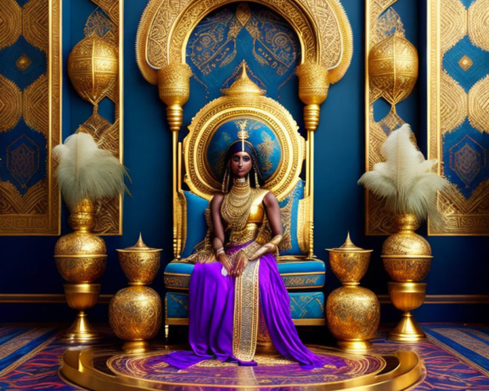 Regal woman on golden throne in luxurious blue-and-gold room