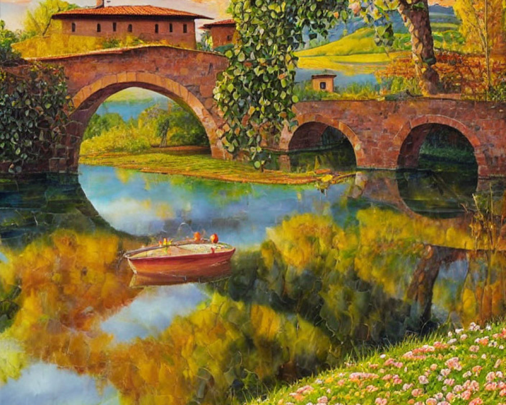 Scenic countryside painting with stone bridge, river, boat, and lush greenery