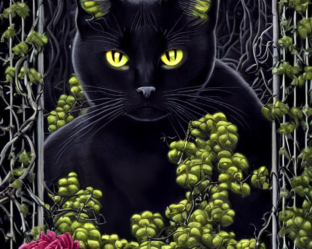 Black cat with yellow eyes in dark forest with red roses