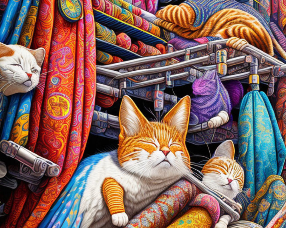 Assortment of Colorful Fabrics with Intricate Patterns and Serene Cats