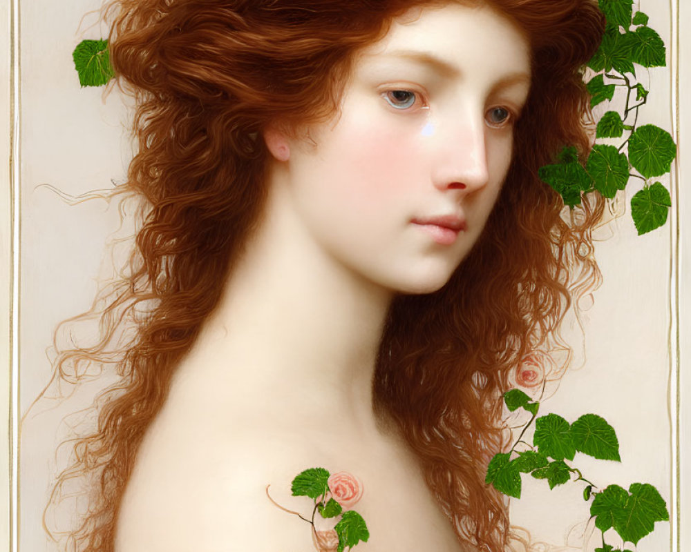 Woman with Auburn Hair Surrounded by Leaves and Roses