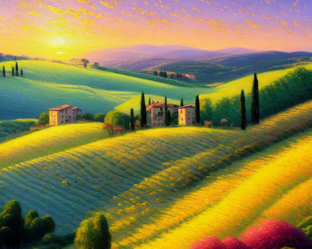 Colorful landscape painting: rolling hills, patterned fields, scattered trees, house, sunset sky,