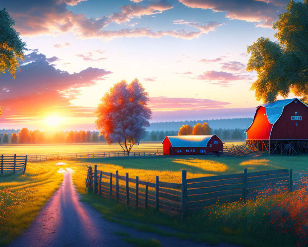 Scenic rural sunset with red barns, meadow, fence, and colorful sky