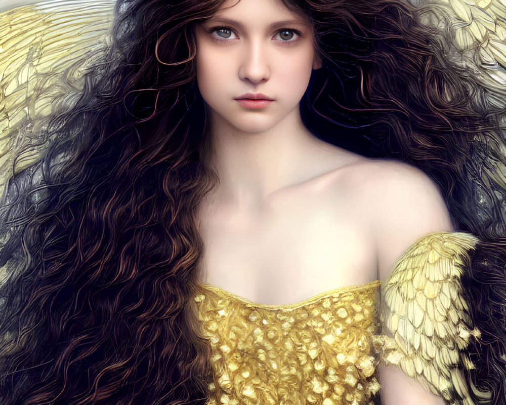 Digital artwork: Young woman with curly brown hair, blue eyes, golden dress, delicate wings