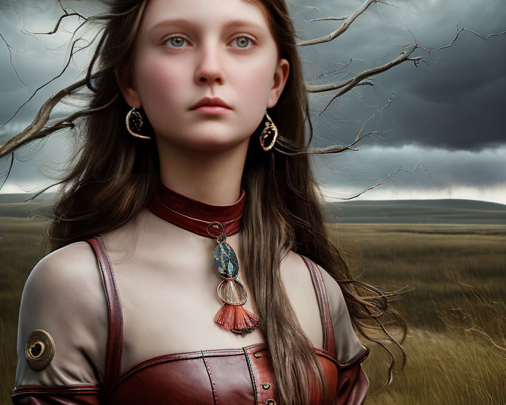 Woman with blue eyes in brown leather outfit against stormy sky