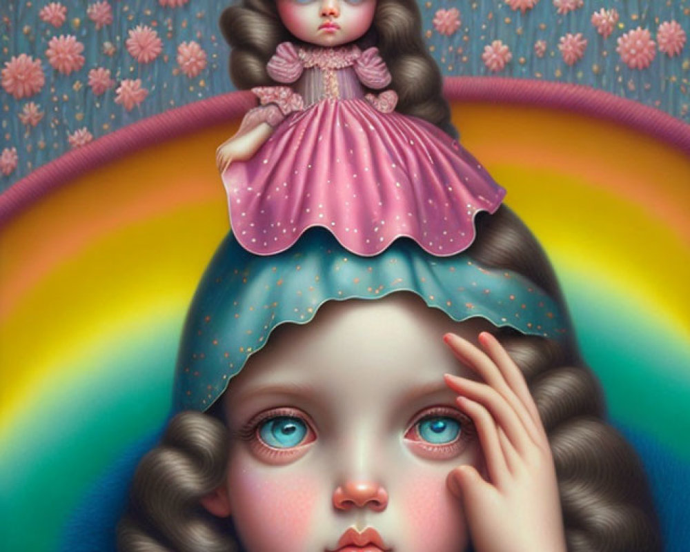 Surreal painting of doll-like girl in pink dress with large eyes