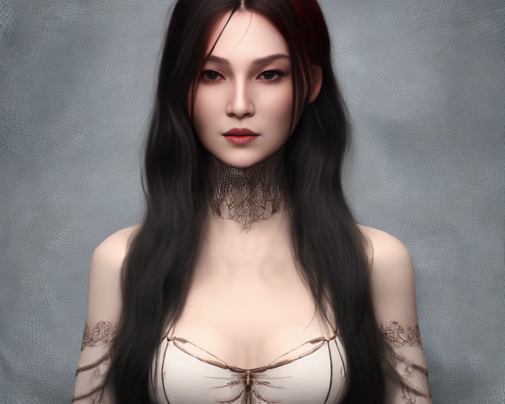 Portrait of a woman with long black hair and lace choker