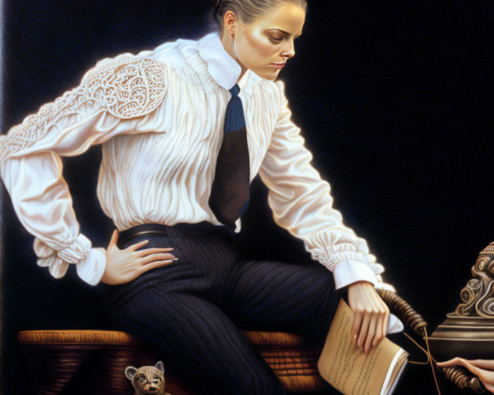 Woman in White Blouse Sitting with Lion Cub Figurine on Chair