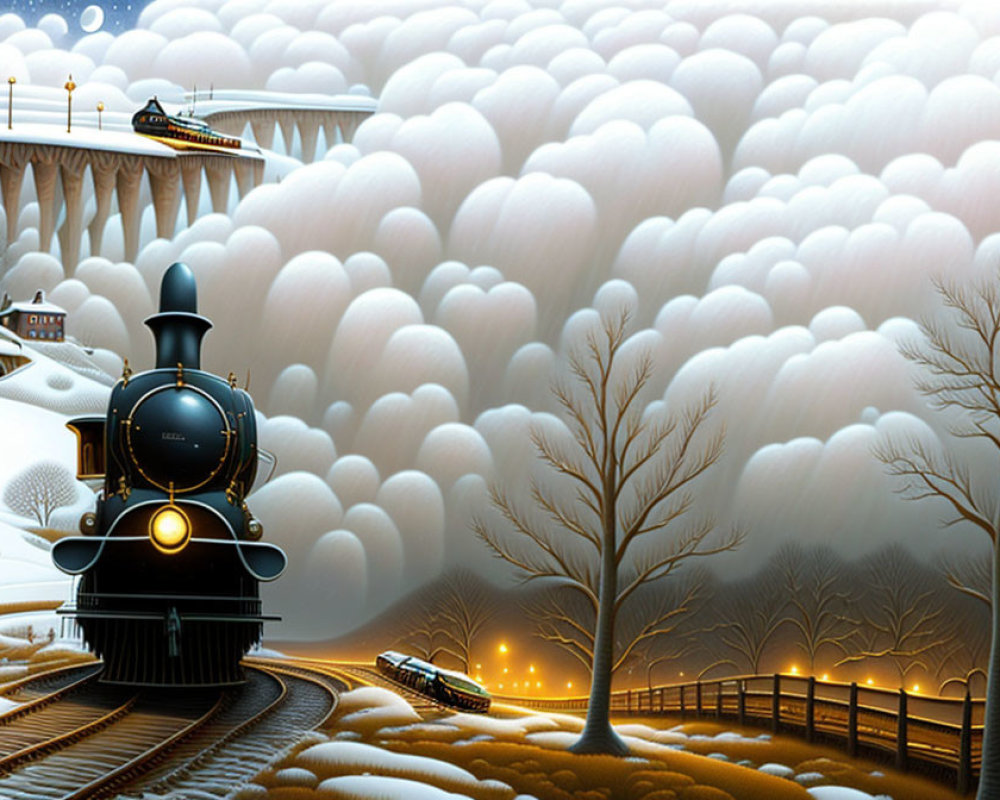 Vintage black train illustration in snowy landscape with stylized clouds.