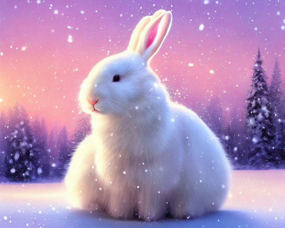 White Rabbit in Snowy Twilight Landscape with Falling Snowflakes