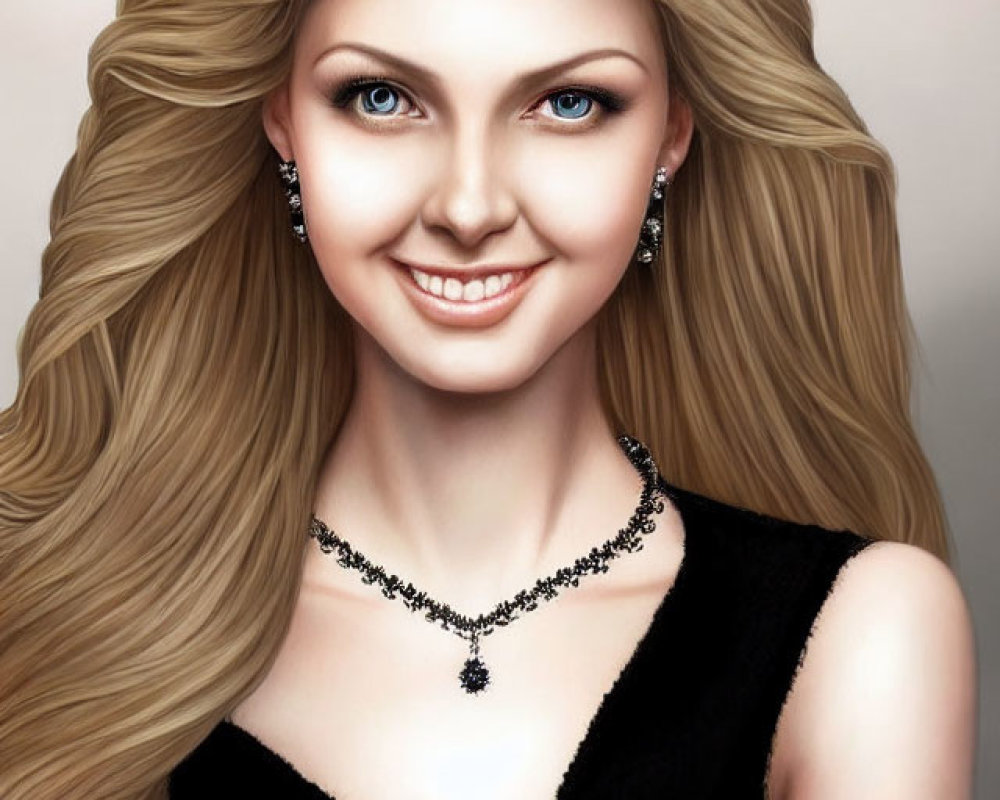 Blonde Woman in Black Top with Blue Eyes and Jewelry