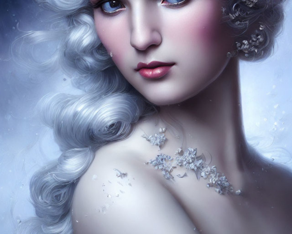 Portrait of woman with pale skin, blue eyes, and curly white hair with snowflake accessories.