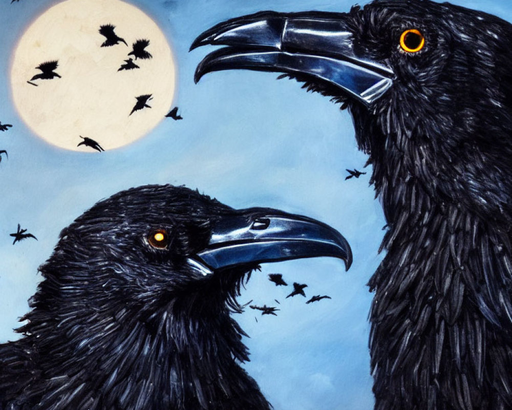 Ravens and full moon with flying bird silhouettes in twilight sky