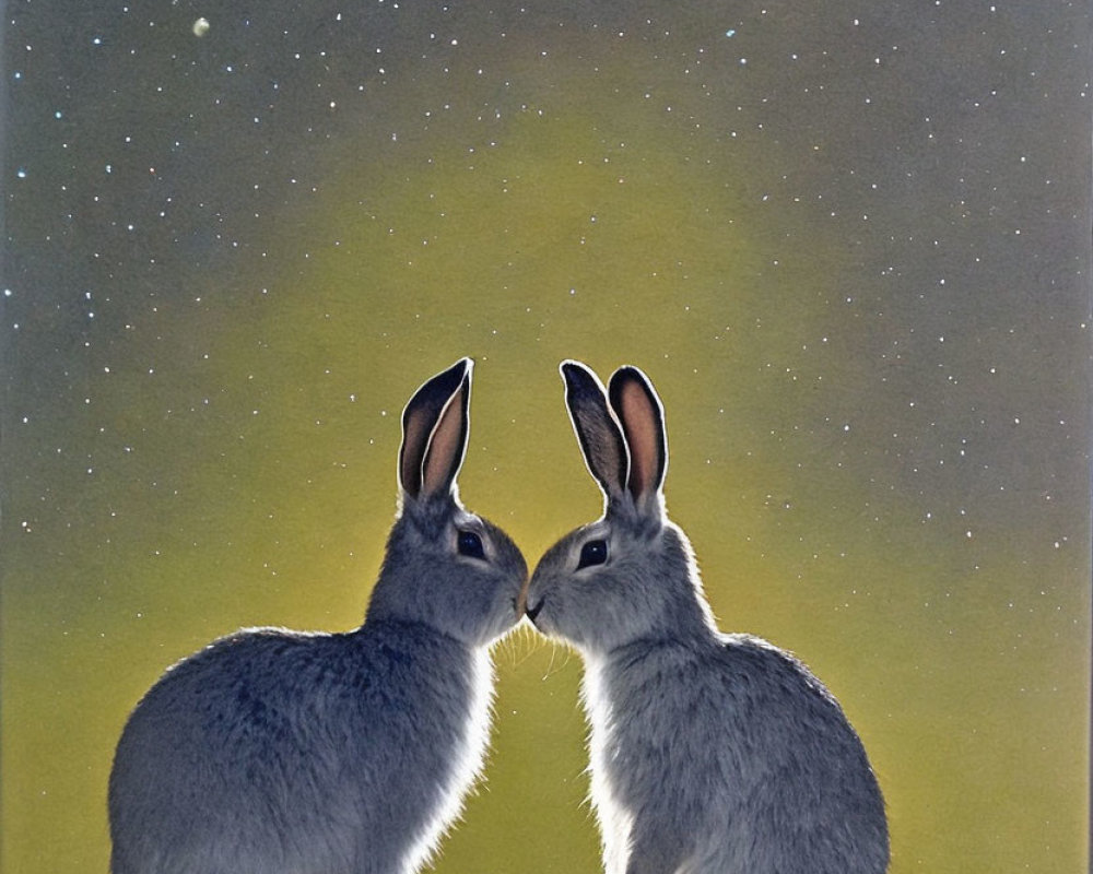 Rabbits under starry sky with full moon