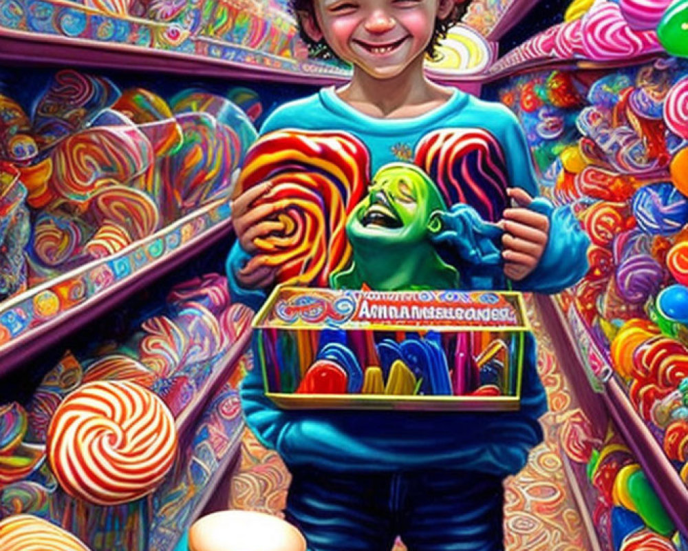 Child with oversized lollipop in colorful candy aisle
