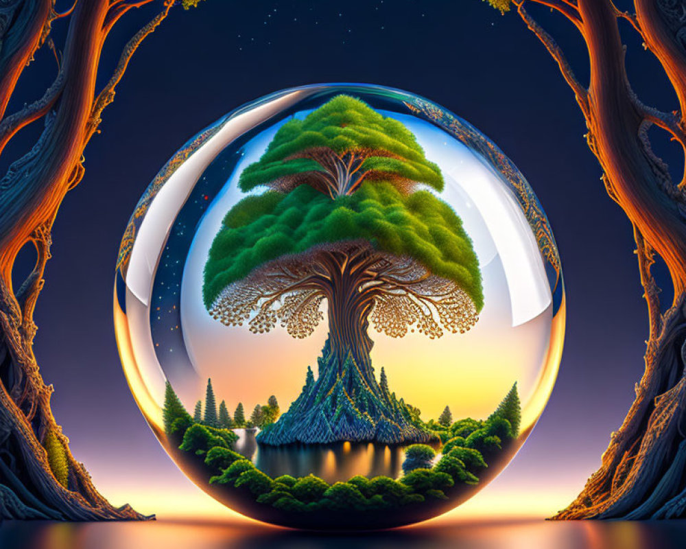 Surreal image of giant tree in crystal ball with twisted trees under starry sky