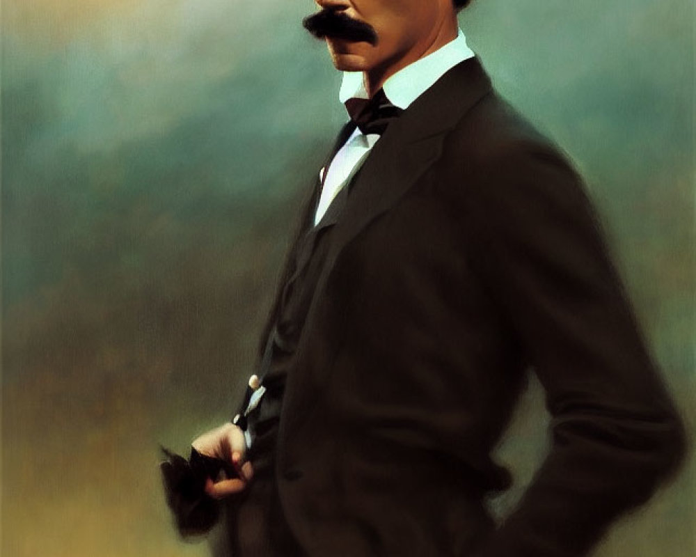 Vintage man in suit holding sunglasses against moody background