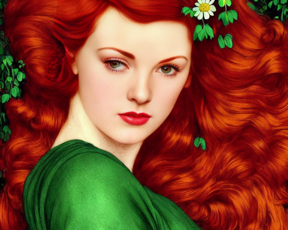 Digital portrait of woman with vibrant red hair and fair skin in green attire, set against floral backdrop