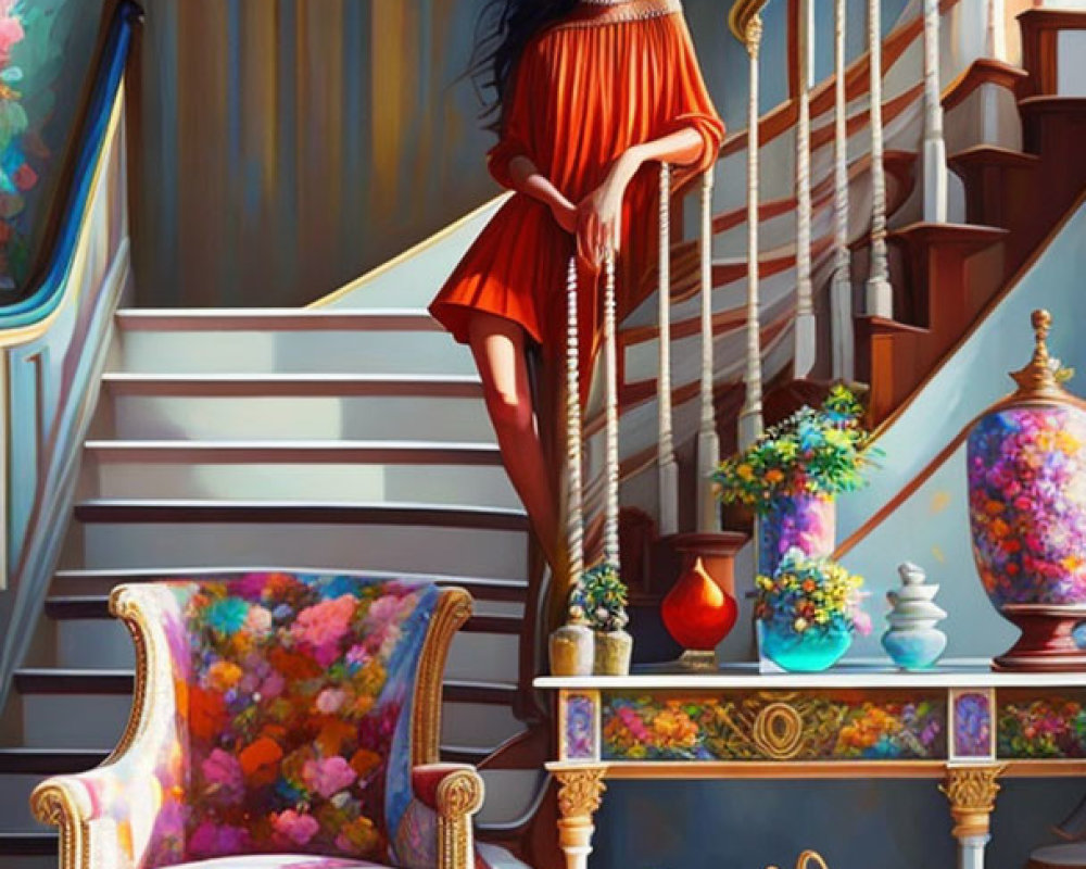 Woman in Red Dress on Colorful Staircase in Vibrant Interior