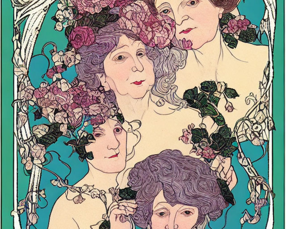 Four women in Art Nouveau style illustration with floral patterns in green, purple, and pink.