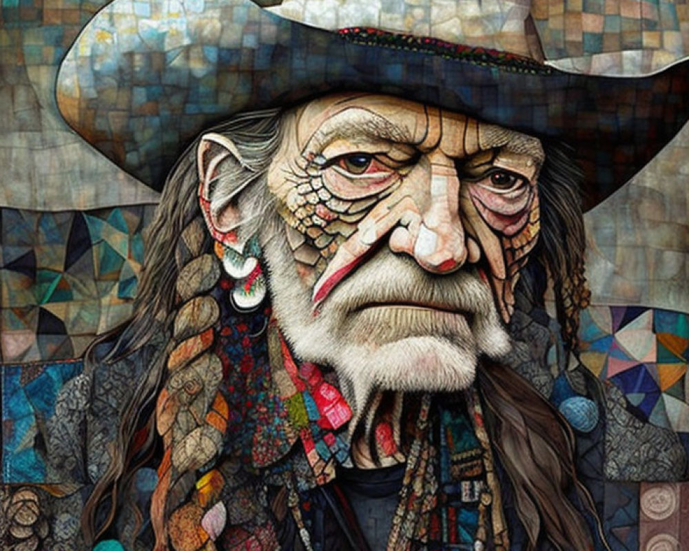 Elderly Man Mosaic Artwork with Cowboy Hat, Beads, and Feathers