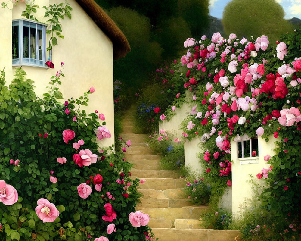 Thatched roof cottage surrounded by pink rose bushes and stone steps