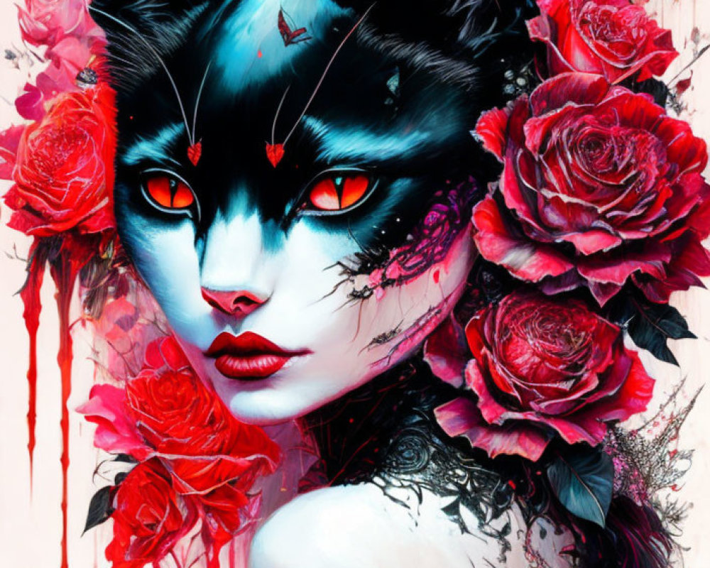 Fantastical illustration of figure with cat's head and red eyes surrounded by red roses