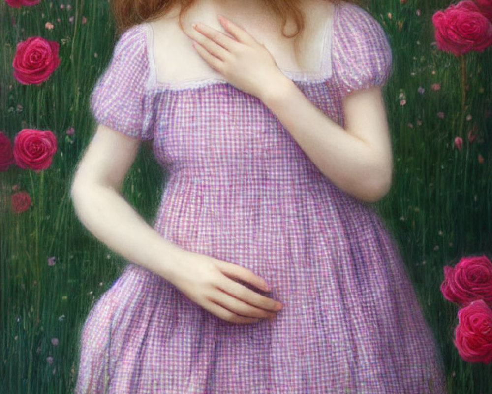 Young girl with wavy red hair in purple dress among pink roses.