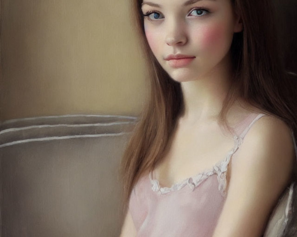 Young girl with long brown hair in pink top sitting in chair