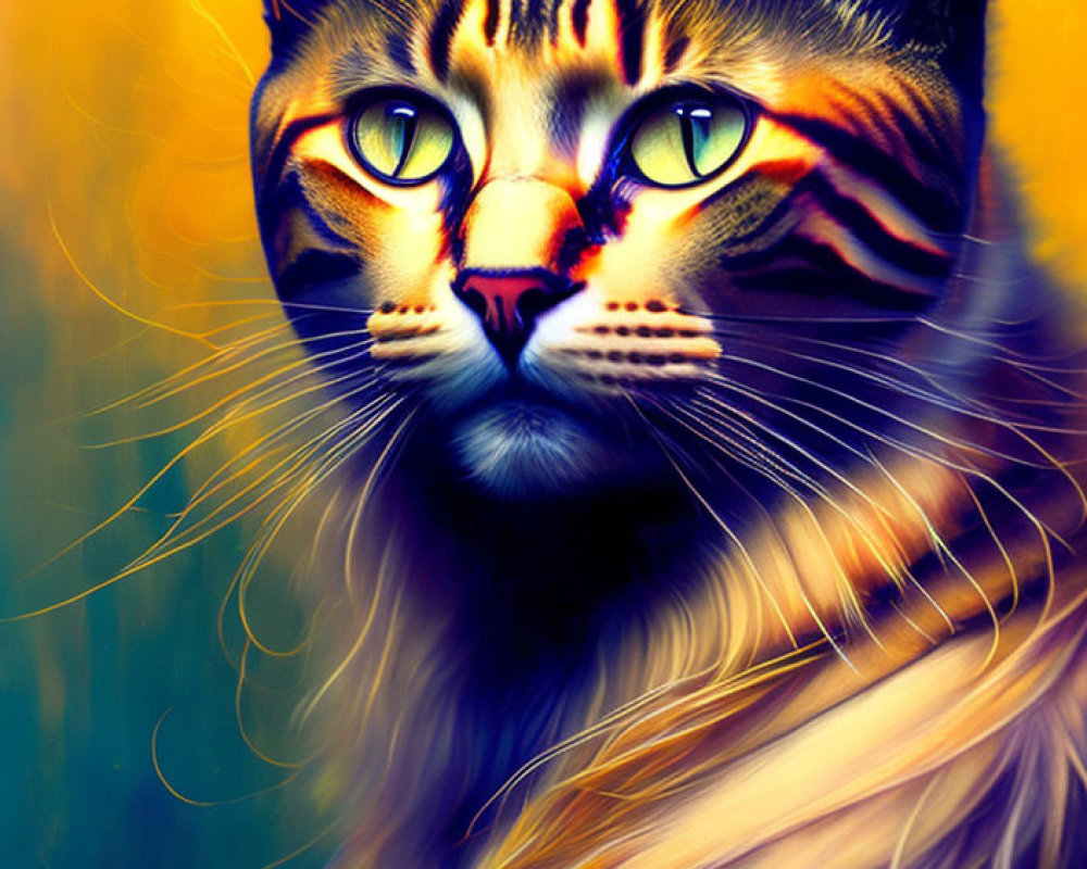 Colorful digital illustration of a tabby cat with green eyes on yellow background