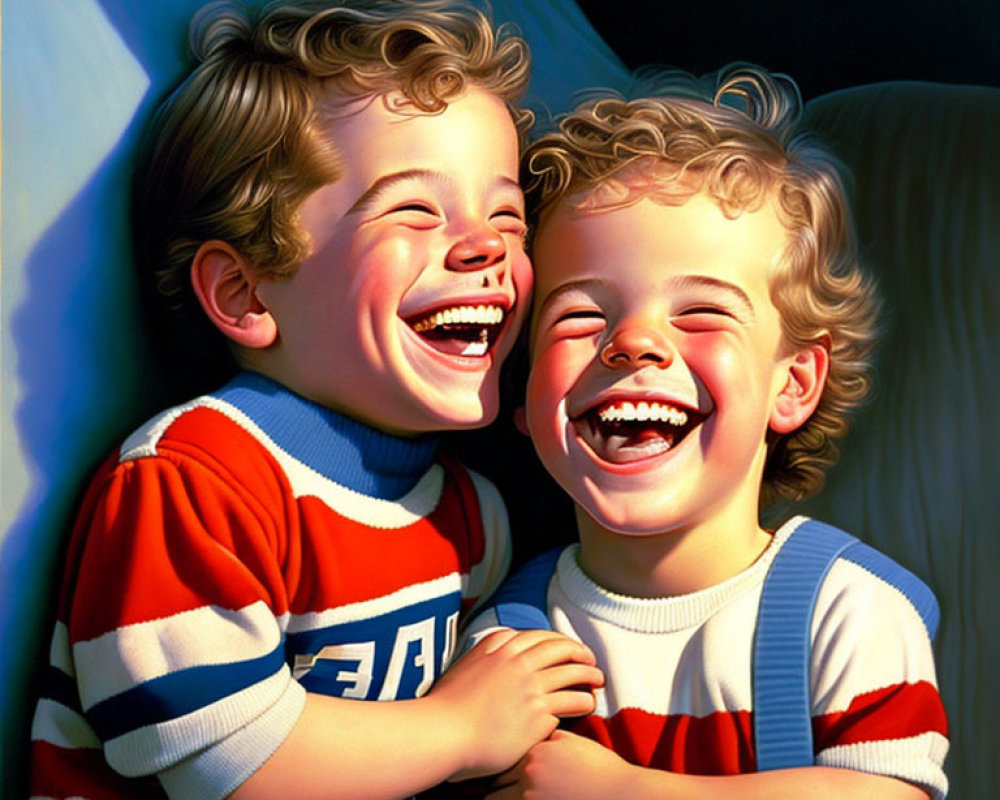 Young children laughing and embracing in colorful outfits