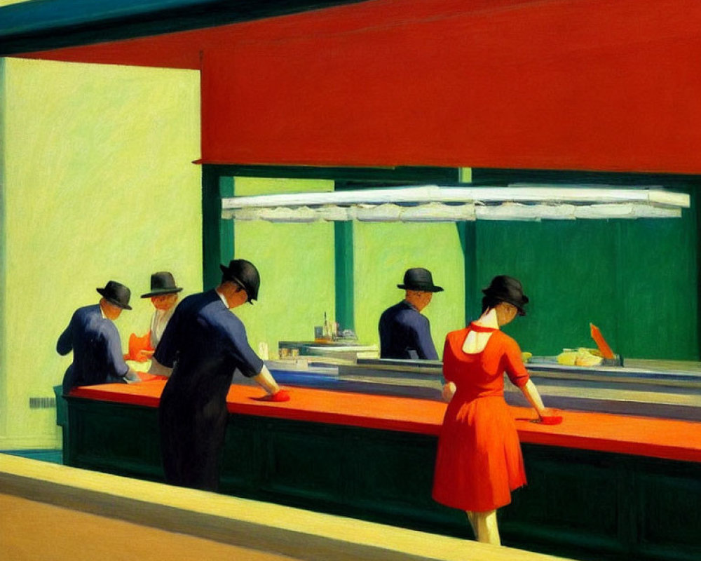 Vibrant diner scene with people at counter and woman in red, bold colors and sharp lines