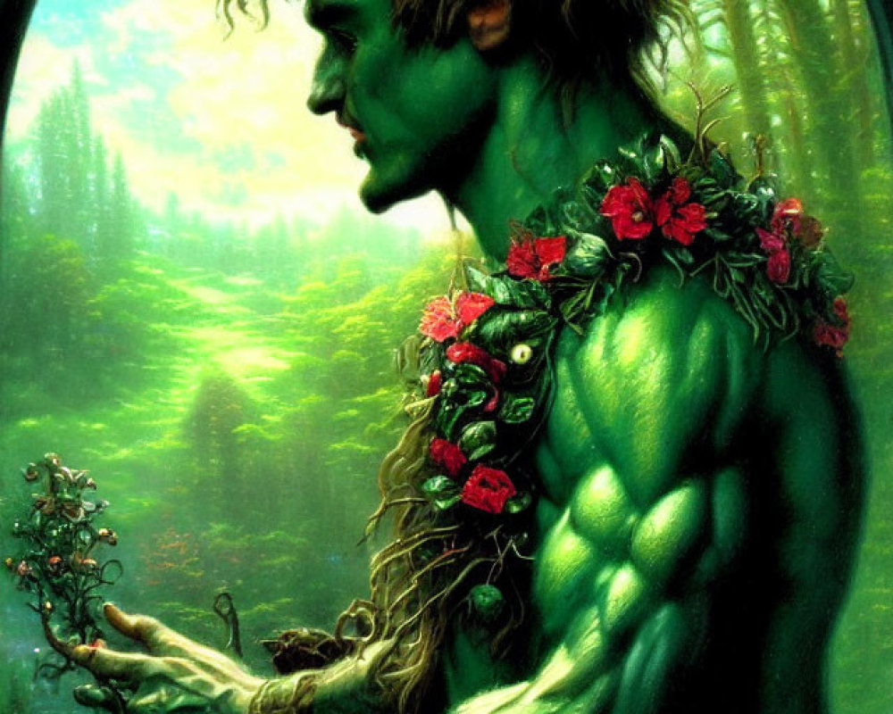 Green-skinned male figure with vine textures and red flowers in lush forest