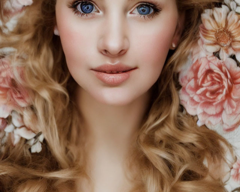 Blond Woman with Blue Eyes in Floral Setting