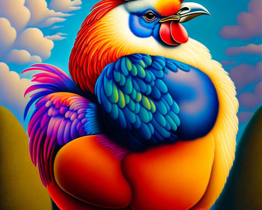 Colorful Rooster Illustration with Exaggerated Features in Vibrant Blues, Reds, and Y