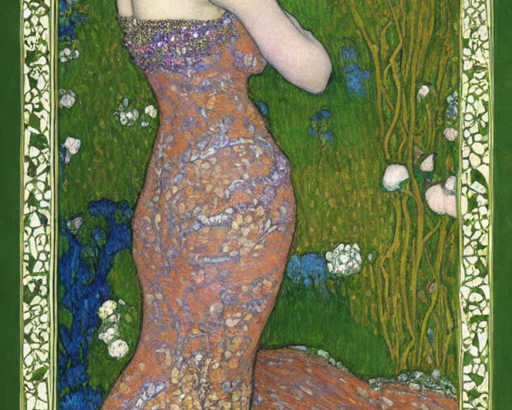 Woman in floral dress gazes over shoulder in Art Nouveau painting