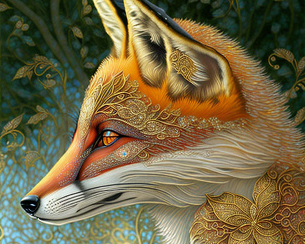 Majestic Fox with Golden Patterns on Teal Background