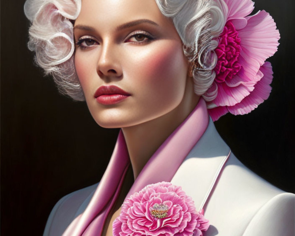 Stylized portrait of woman with silver hair, pink flower, brooch, and ribbon