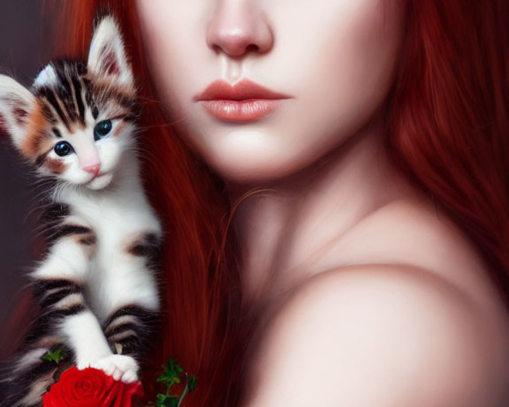 Woman with Long Red Hair Holding Kitten and Red Roses