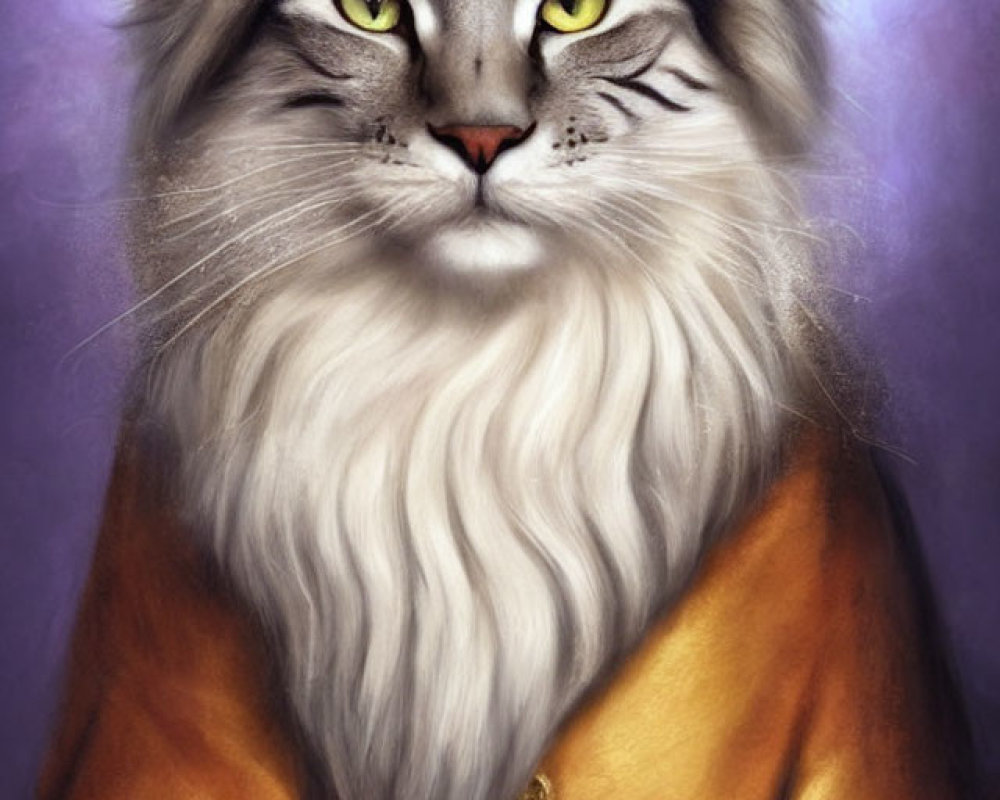 Regal white cat with golden crown and royal robes