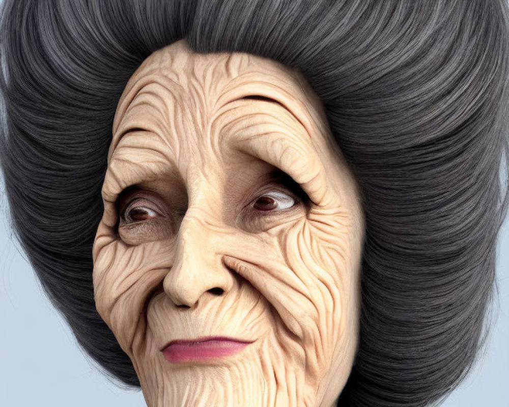 Stylized elderly woman with exaggerated wrinkles and gray hair