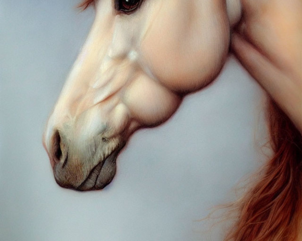 Detailed Hyperrealistic Horse Head Painting with Eyes and Mane on Soft-Focus Background