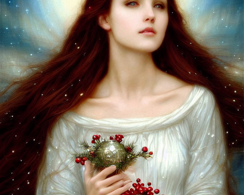 Red-haired woman holding festive greenery and berries against cosmic starry background with halo of light.