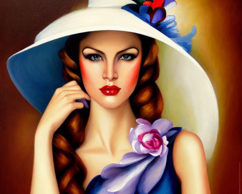 Portrait of Woman with Blue Flowers in Hair and White Hat, Braided Hair, Purple Dress Flower