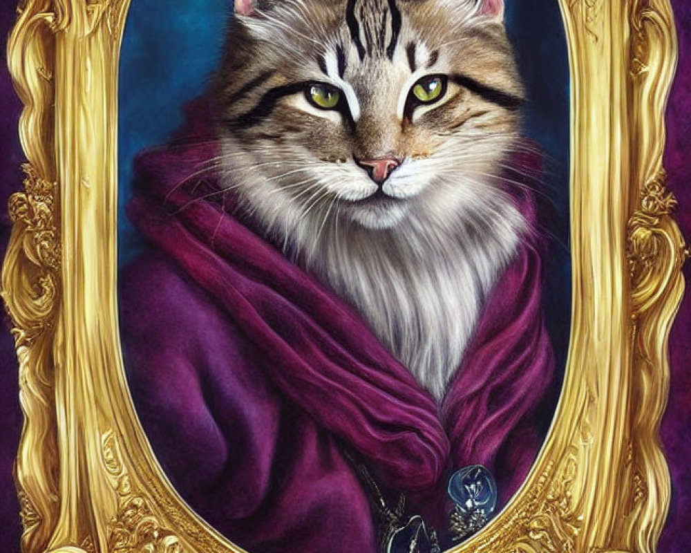 Regal cat with green eyes in purple cloak, classical style portrait.